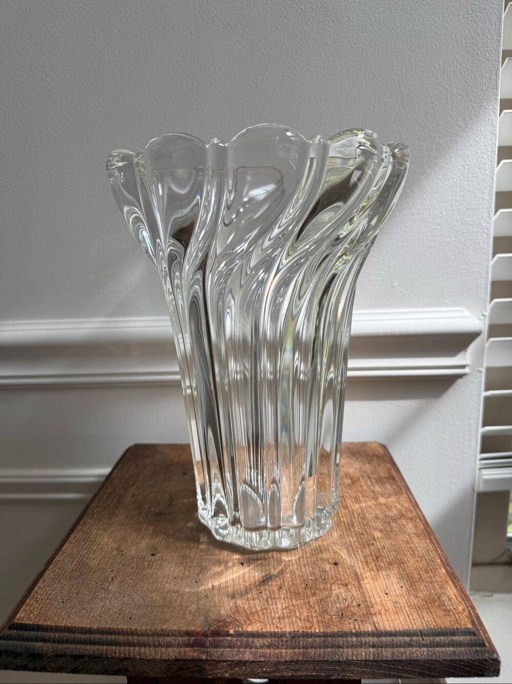 Vintage Fluted Glass Crystal Vase Unsigned Heavy 10”